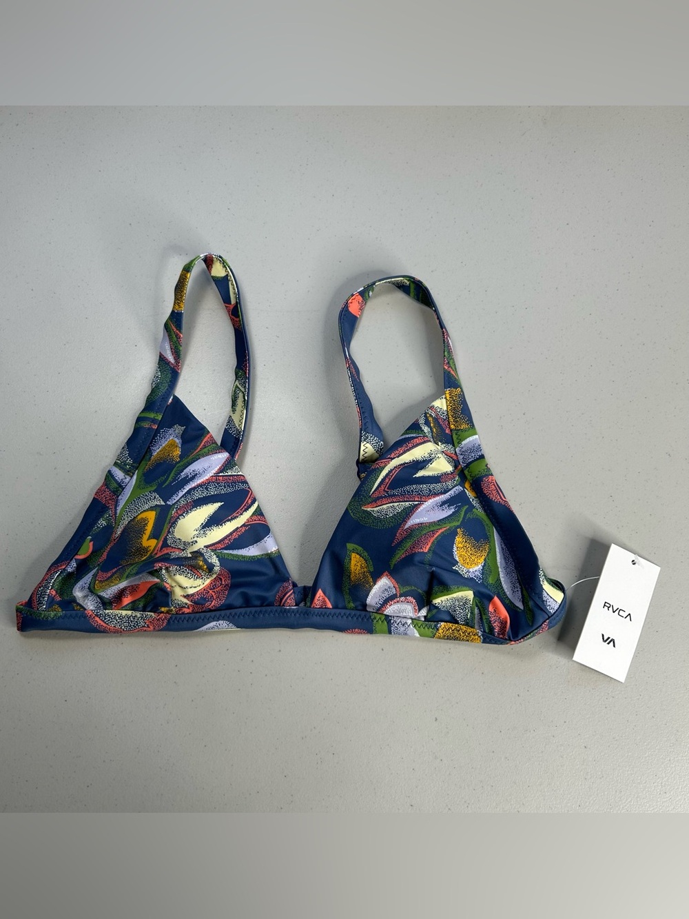 Rvca Pixie Hi Tri Recycled Floral Printed Women's Swim Bikini Top M Neptune Blue
